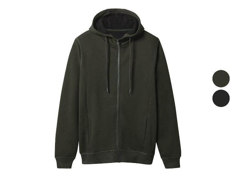 Dunkelgrüner Kapuzenpullover mit Reißverschluss und zwei Farbmuster.