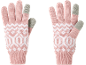Paar rosa Strickhandschuhe mit weißen geometrischen Mustern und grauen Fingerspitzen.