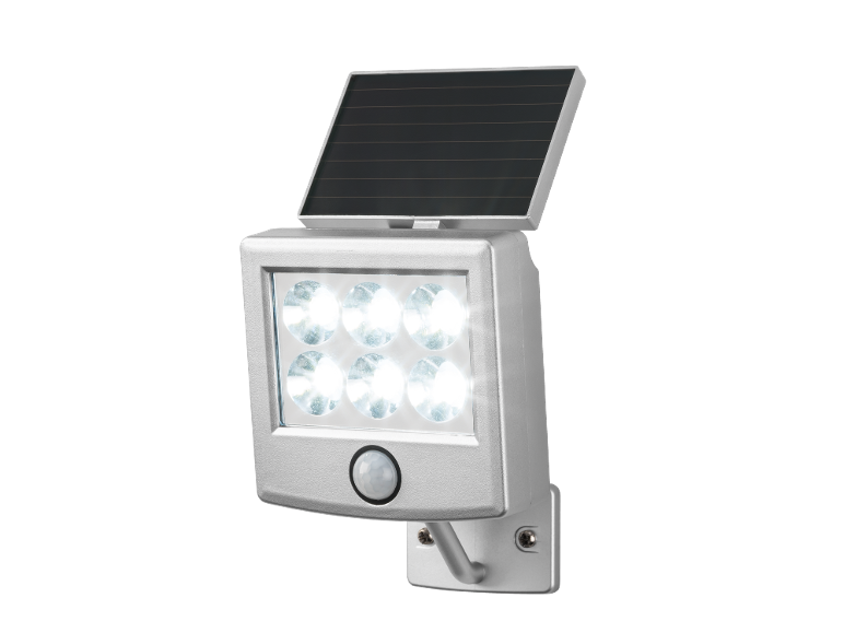 Silberne Solar-LED-Lampe mit Bewegungssensor, wandmontiert.
