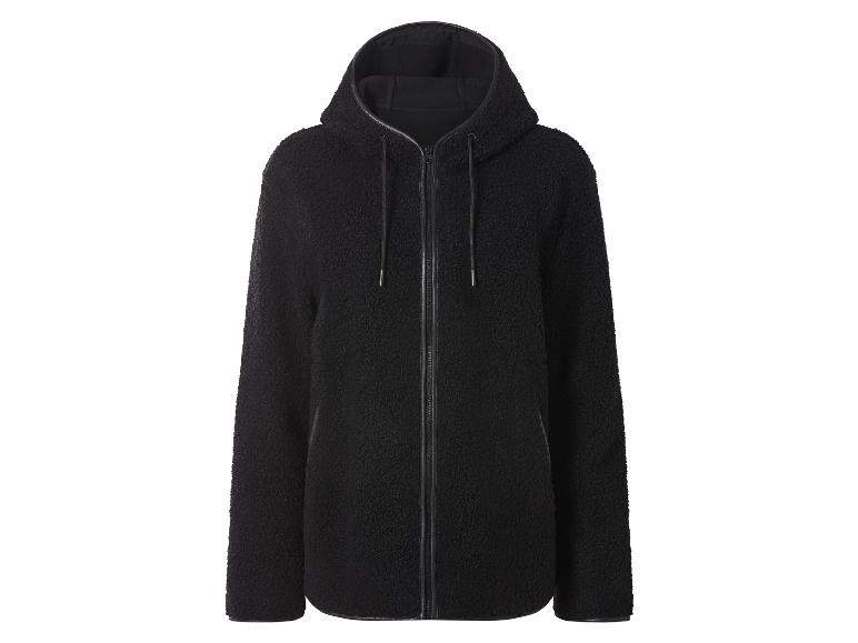 Schwarze flauschige Kapuzenjacke mit Reißverschluss.