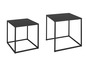 Zwei schwarze Metalltische mit quadratischem Gestell.
