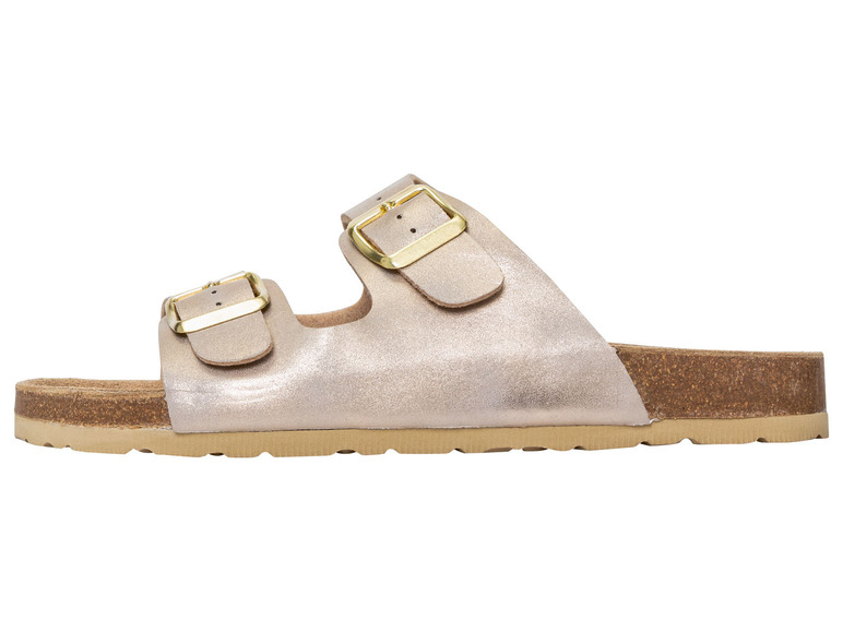 Goldene Sandalen mit Schnallen und Korksohle.