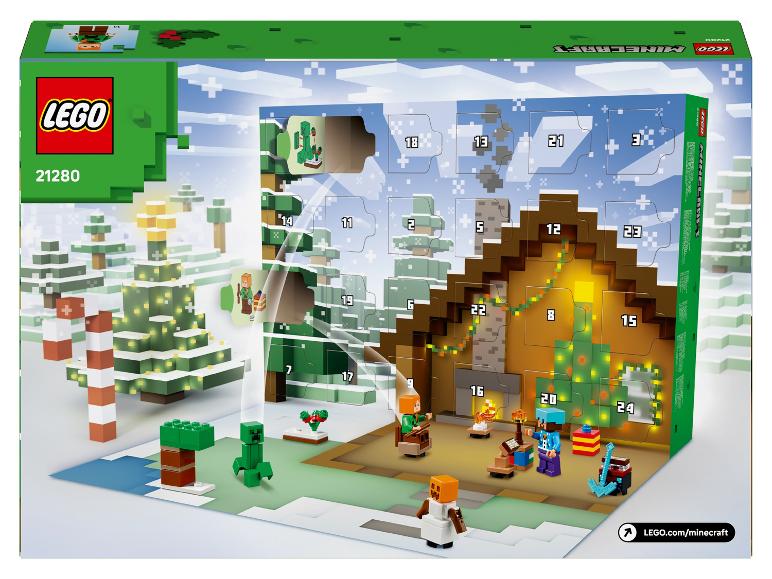 LEGO Minecraft Adventskalender 21280, mit einer Winterszene mit Charakteren und Gegenständen.