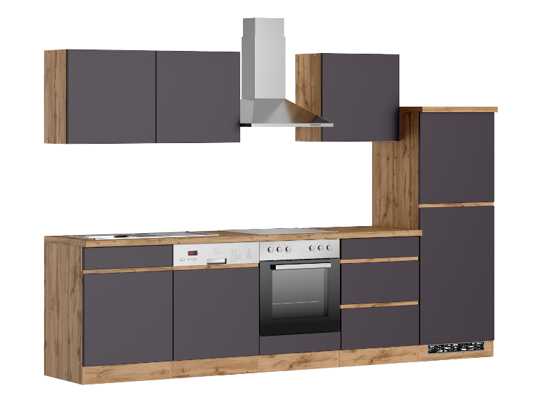 Moderne Küchenzeile: Backofen, Dunstabzugshaube und anthrazitgraue Schränke mit hellem Holz.