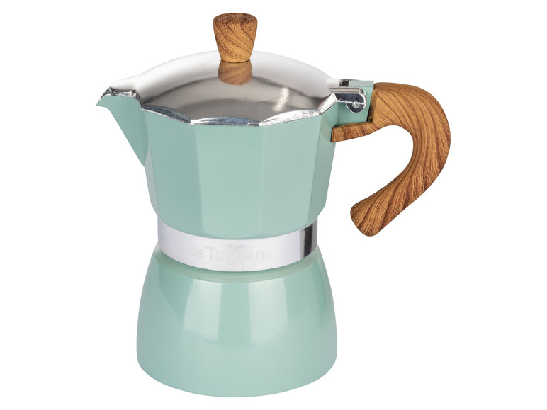 Eine hellgrüne Bialetti Kaffeekanne mit Holzgriff.