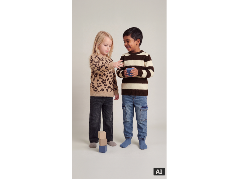 Zwei Kinder in Strickpullovern und Jeans spielen mit Bauklötzen.