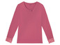 Rosa Langarmshirt mit V-Ausschnitt und Spitze an den Ärmeln.