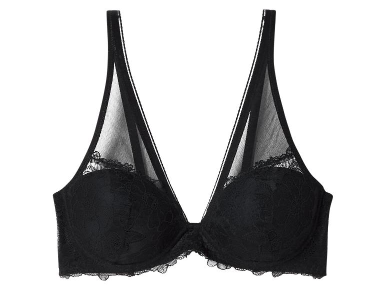 Schwarzer Spitzen-BH mit dreieckigen Cups und transparenten Mesh-Details.