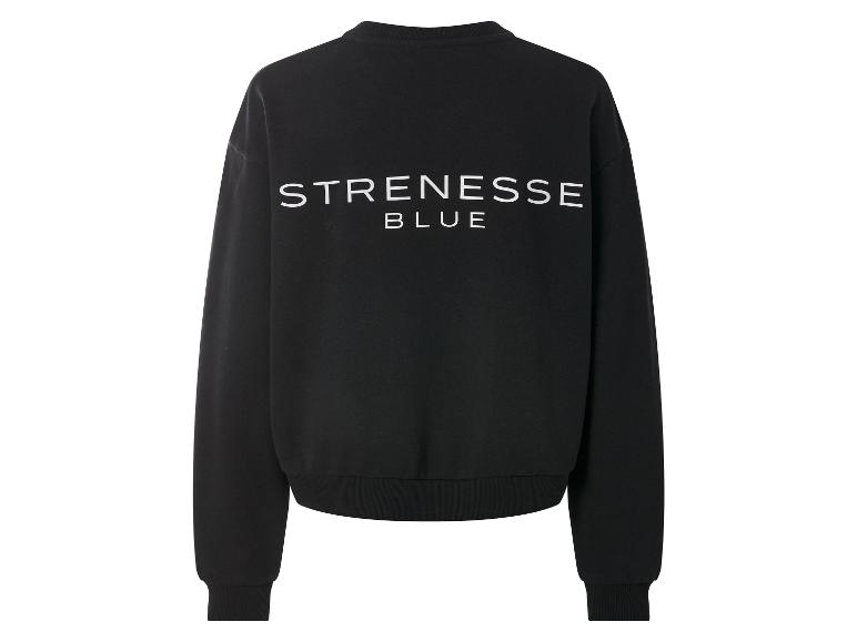 Schwarzes Sweatshirt mit dem Text „STRENESSE BLUE“ auf dem Rücken.