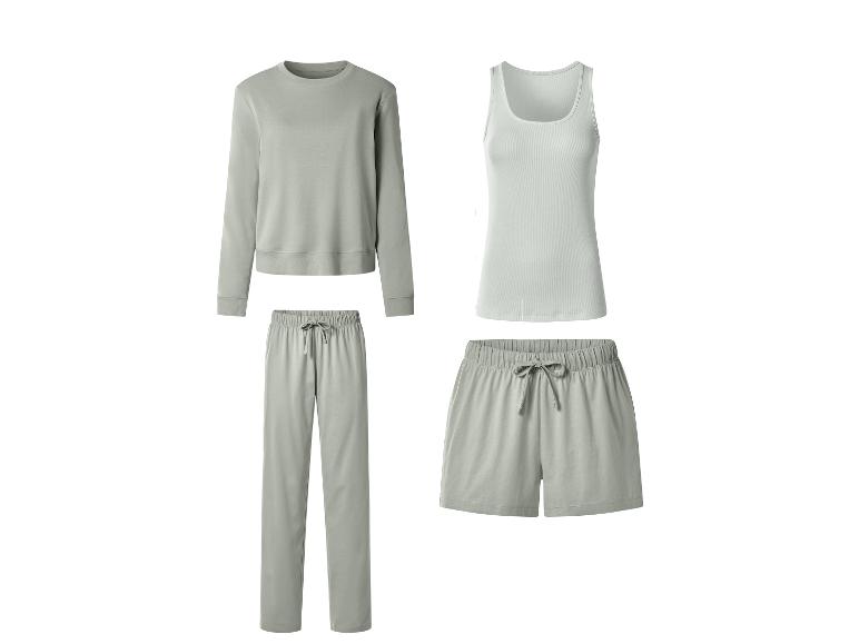Hellgrünes Damen-Pyjama-Set mit Langarmshirt, langer Hose, Tanktop und Shorts.