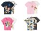 Vier Sets Kinder-T-Shirts: Paw Patrol, Barbie und Hot Wheels Designs.