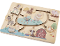 Holzpuzzle mit Bauernhoftieren: Kuh, Esel, Pferd, Hahn, Schaf, Schwein, Enten, Hund und Katze.