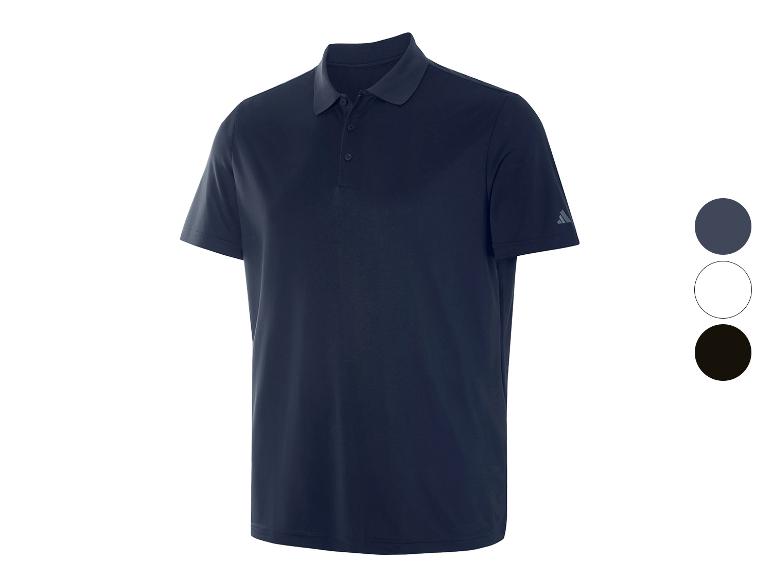 Dunkelblaues Adidas Herren-Poloshirt mit drei Farbmustern.