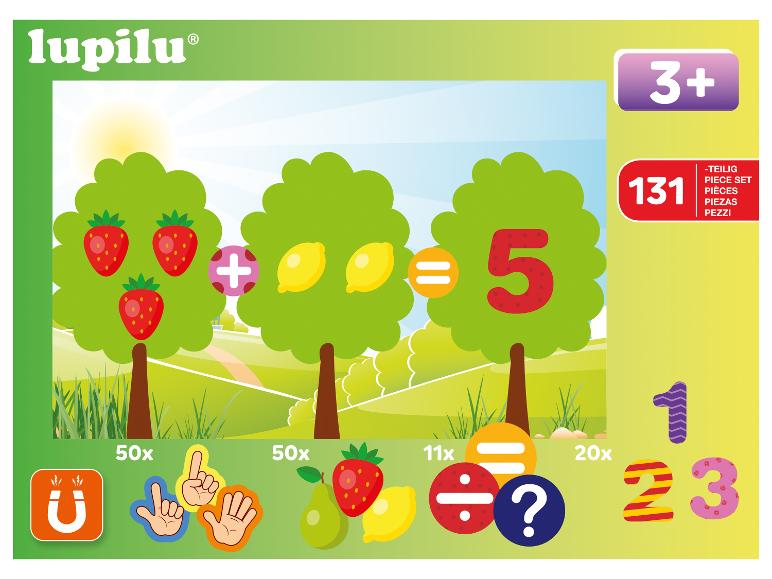 Mathematik-Lernset mit 131 Teilen, inklusive Früchten, Zahlen und Symbolen.