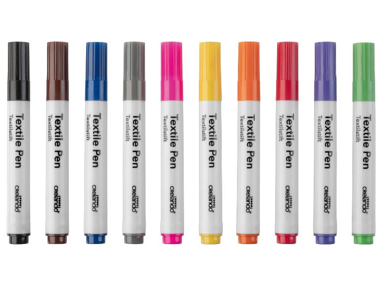 Zehn Crelando Textil Stifte in verschiedenen Farben.