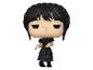 Funko Pop! Figur von Wednesday Addams in schwarzem Kleid und Zöpfen.