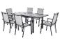 Gartenmöbel-Set: rechteckiger Tisch und sechs Stühle mit grauen Sitzen.