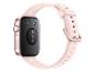 Smartwatch mit rosa Armband und goldener Schnalle, mit der Aufschrift „WATCH FIT“ auf dem Knopf.
