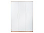 Ein weißer Kleiderschrank mit drei Türen und Holzdetails.