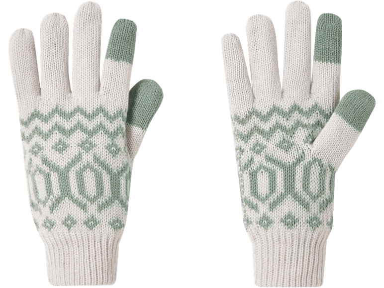 Paar weiße Strickhandschuhe mit grünen geometrischen Mustern und Touchscreen-Fingerspitzen.