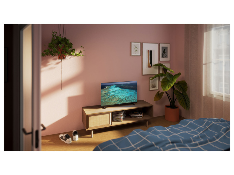 Ein Philips Fernseher steht auf einem Holz-TV-Schrank in einem Zimmer mit einem Bett und Pflanzen.