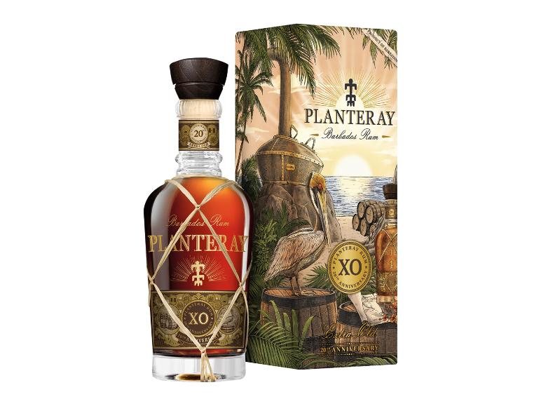 Planteray Barbados XO 20th Anniversary Rumflasche und -verpackung mit tropischem Thema.