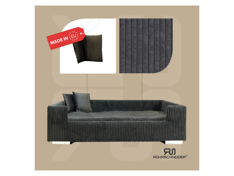 Rohrscheider Sofa und Kissen aus dunkelgrauem Cord, hergestellt in der EU.