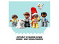 Lego DUPLO Figuren, darunter ein Hund, ein Vogel und vier Personen.