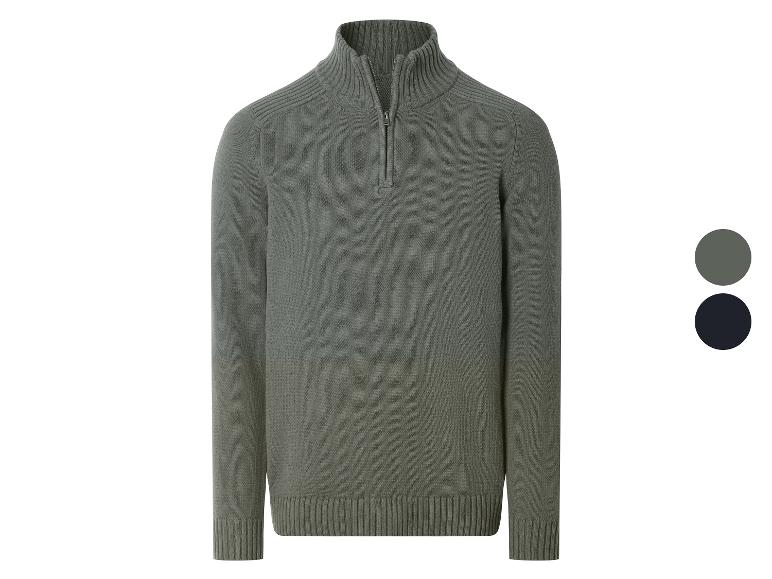 Herren-Strickpullover mit halbem Reißverschluss in Dunkelgrün mit geripptem Kragen und Bündchen.