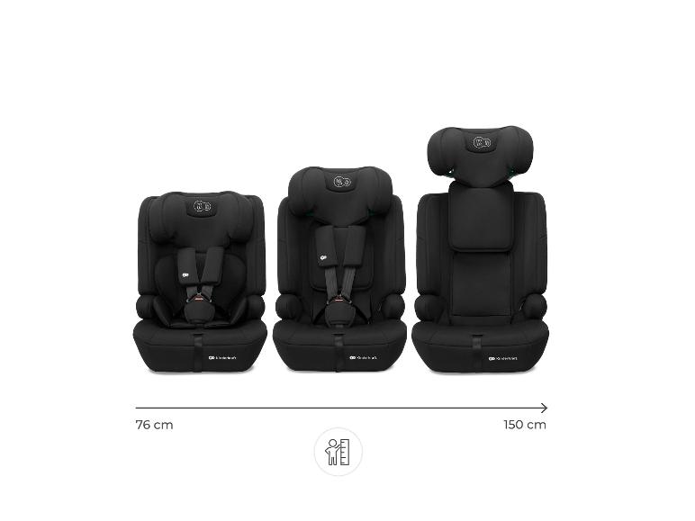 Drei schwarze Kindersitze, die Einstellungen von 76 cm bis 150 cm zeigen.