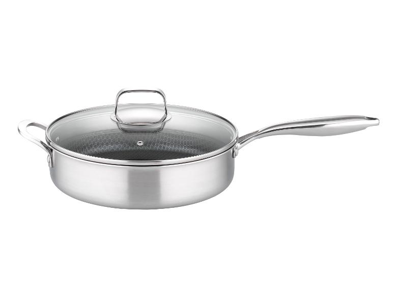 Ein Edelstahltopf mit Glasdeckel.