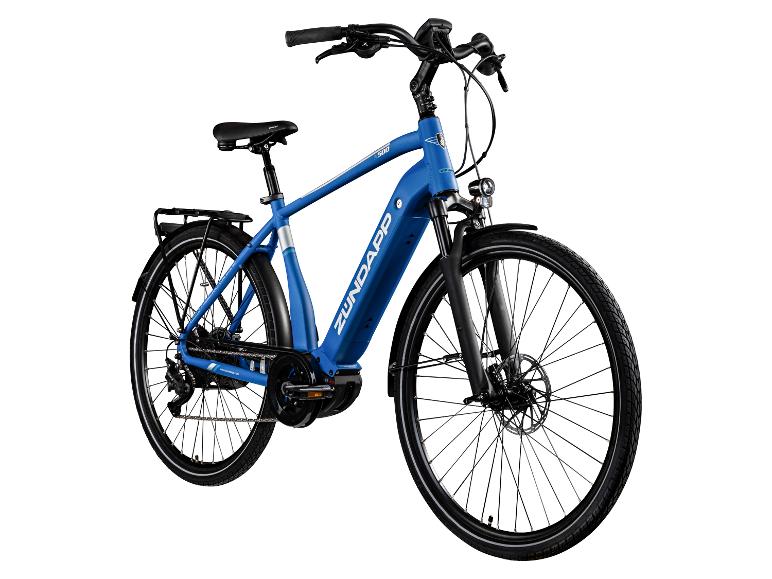 Blaues Zündapp X500 E-Bike mit Gepäckträger und Scheibenbremsen.