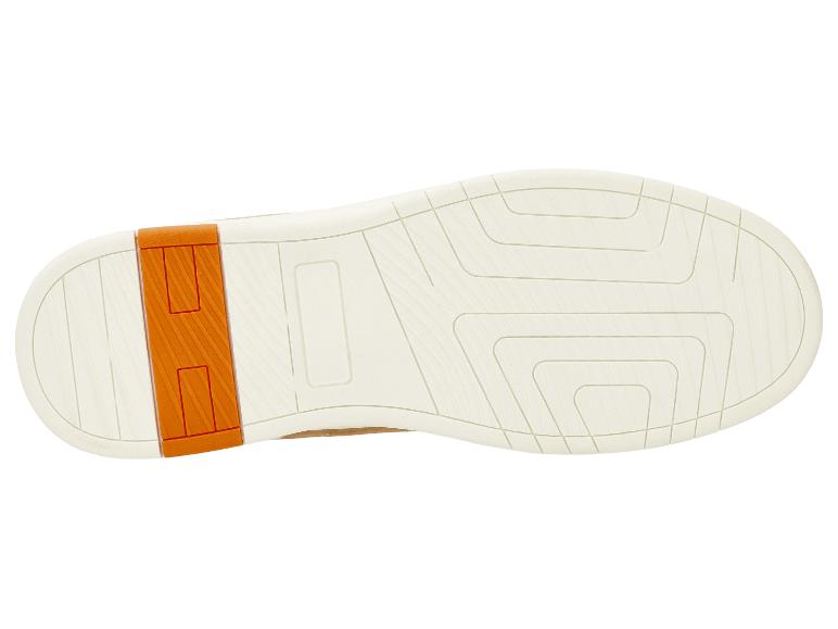 Beige Schuhsohle mit Profilmuster und orangefarbenem Einsatz an der Ferse.