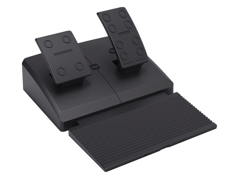 Schwarzes Gaming-Pedalset mit zwei Pedalen und einer Fußstütze, schräge Ansicht.