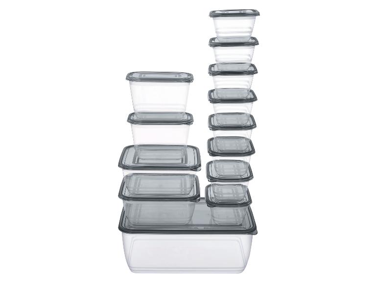 Stapelbare transparente Aufbewahrungsbehälter mit grauen Deckeln in verschiedenen Größen.