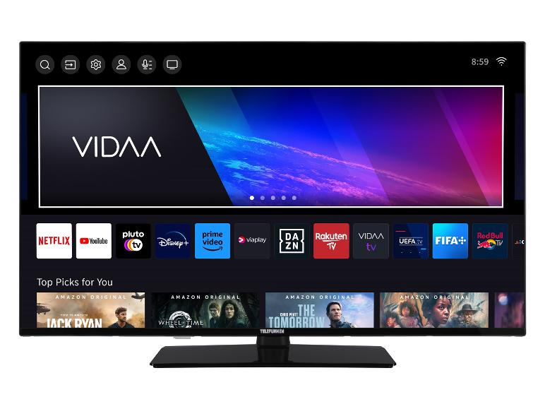 Ein Telefunken Smart-TV mit der VIDAA-Oberfläche und Apps wie Netflix, YouTube und Amazon Prime Video.