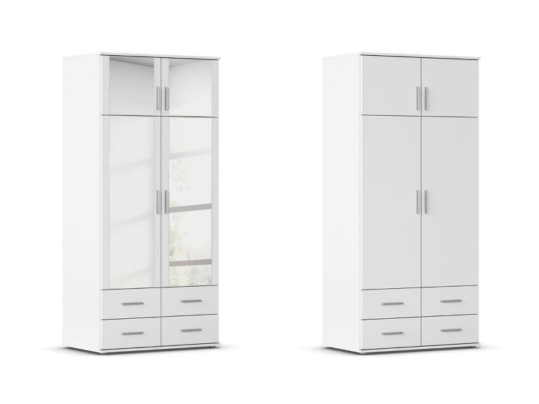 Zwei weiße Kleiderschränke mit Schubladen, einer mit Spiegeltüren