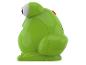 Grünes froschförmiges Spielzeug oder Dekoartikel mit einem roten Knopf auf dem Rücken.
