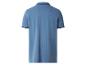 Blaues Kurzarm-Poloshirt mit gestreiftem Kragen und Ärmelbündchen, Rückansicht.