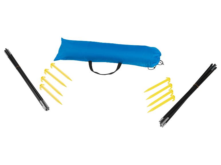 Set aus schwarzen Zeltstangen, 8 gelben Heringen und einer blauen Tragetasche