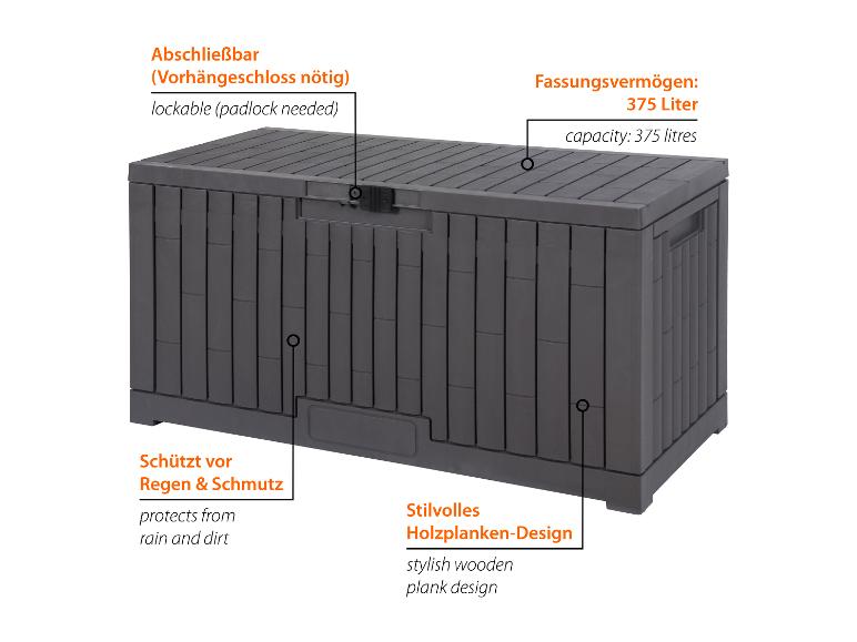Dunkelgraue Aufbewahrungsbox im Holzplanken-Design, abschließbar, 375L Fassungsvermögen, schützt vor Regen und Schmutz.