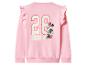 Rosa Langarm-Sweatshirt mit Rüschen an den Schultern und einem Minnie Maus-Aufdruck mit der Nummer 28.