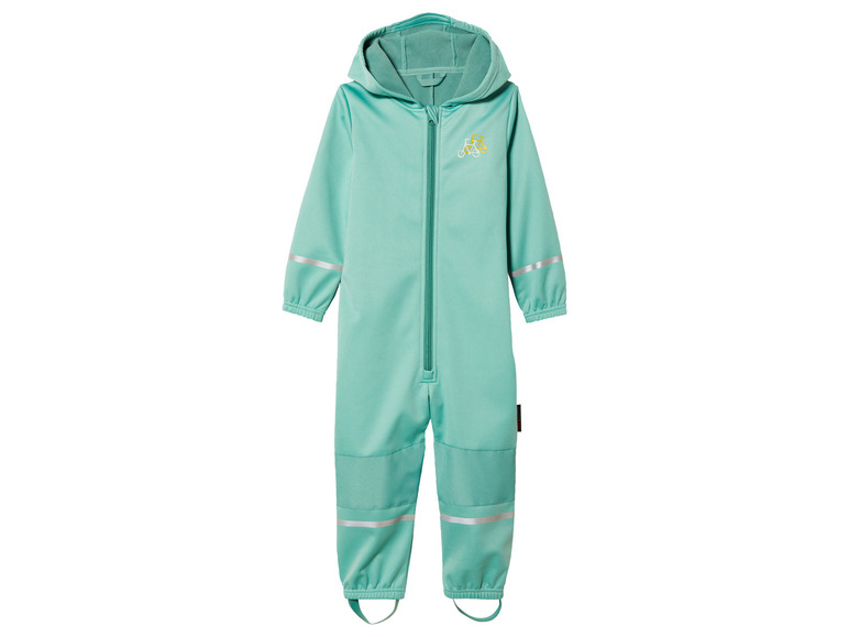 Ein mintgrüner Overall mit Kapuze für Kinder.