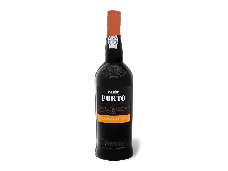 Armilar Tawny Portwein-Flasche mit oranger Folie und schwarzem Etikett.