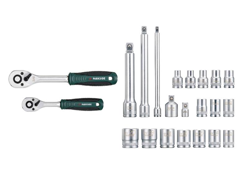 PARKSIDE Ratschenschlüsselsatz mit verschiedenen Nüssen und Verlängerungen.