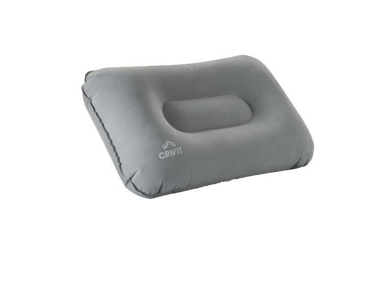 Graues aufblasbares Reisekissen mit einer zentralen Vertiefung.