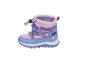 Rosa und blaue wasserdichte Kinder-Winterstiefel mit Schneeflockenmotiv.