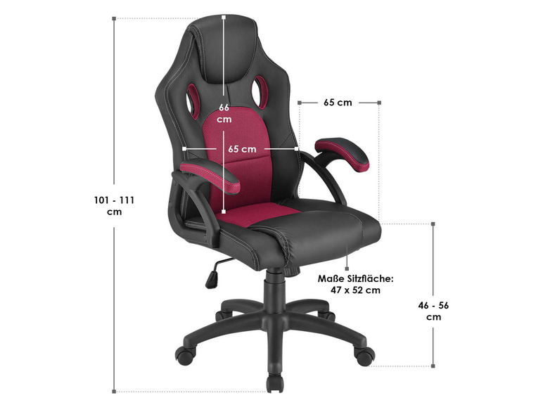 Schwarzer und roter Bürostuhl mit Rollen, geeignet für Gaming.