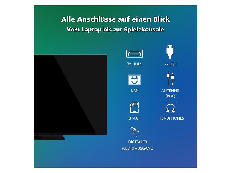 Fernseher mit einer Übersicht aller Anschlüsse, vom Laptop bis zur Spielekonsole.