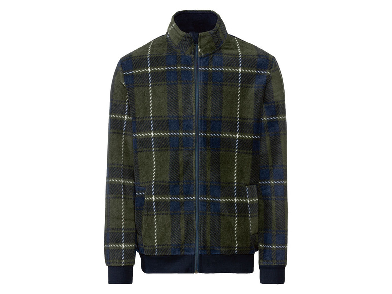 Eine grüne und blaue karierte Fleecejacke mit Reißverschluss.